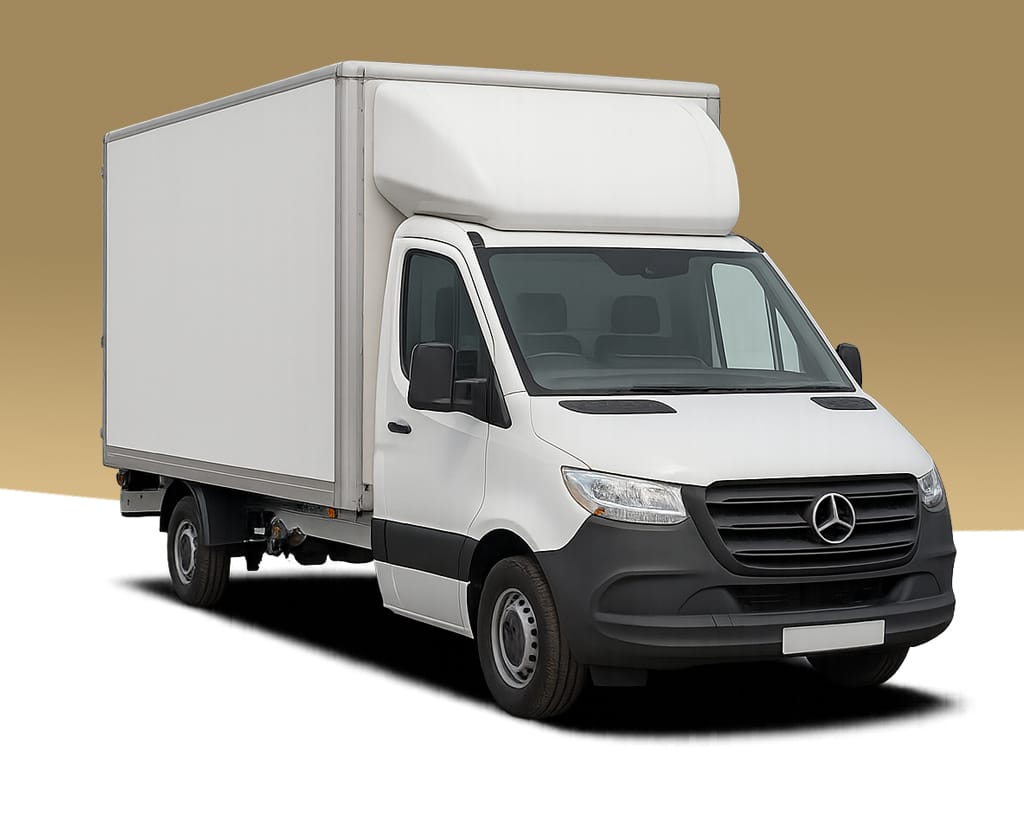 White Mercedes-Benz Sprinter long wheelbase box van with tail lift front three-quarter view
