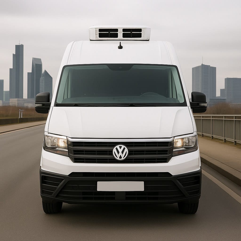 Front view of white Volkswagen Crafter long wheelbase freezer van with city skyline behind