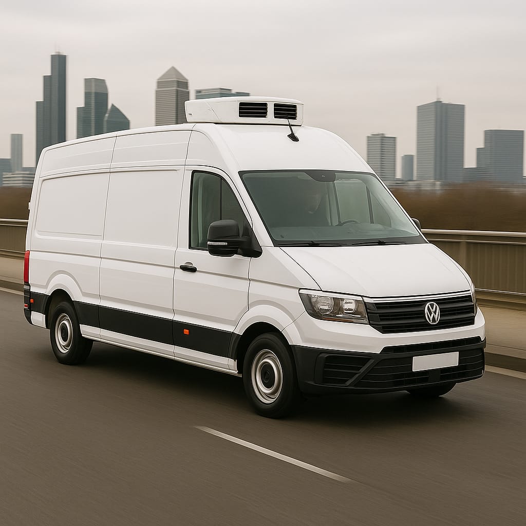 White Volkswagen Crafter long wheelbase freezer van with rooftop cooling unit and city skyline behind