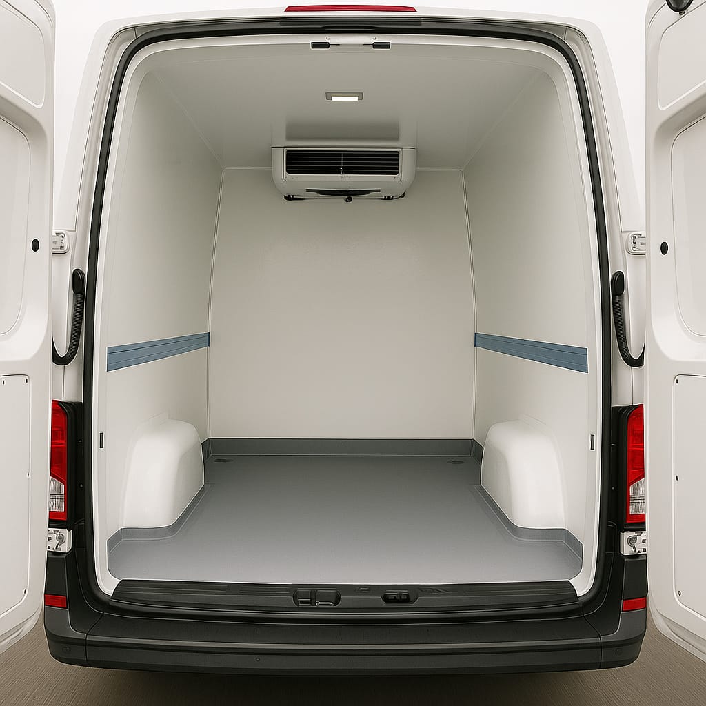 Rear view of Volkswagen Crafter long wheelbase freezer van with doors open showing insulated interior