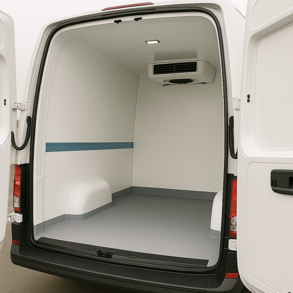 Interior view of Volkswagen Crafter long wheelbase freezer van with insulated cargo area and cooling unit