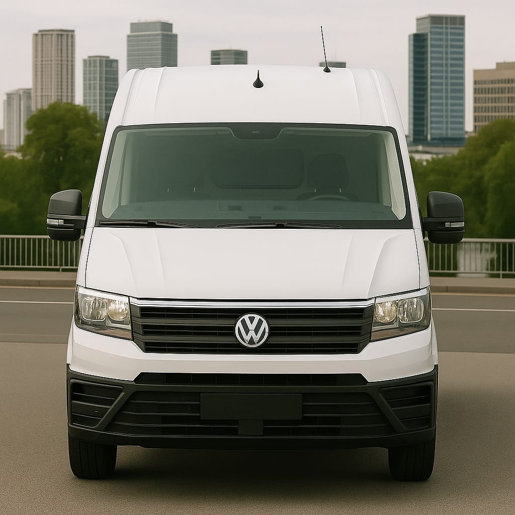 Front view of white Volkswagen Crafter medium wheelbase van with city skyline behind