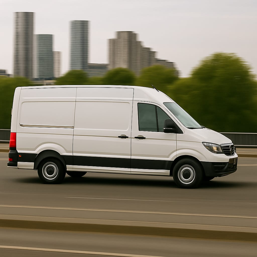 White Volkswagen Crafter medium wheelbase van driving on a road with city buildings behind