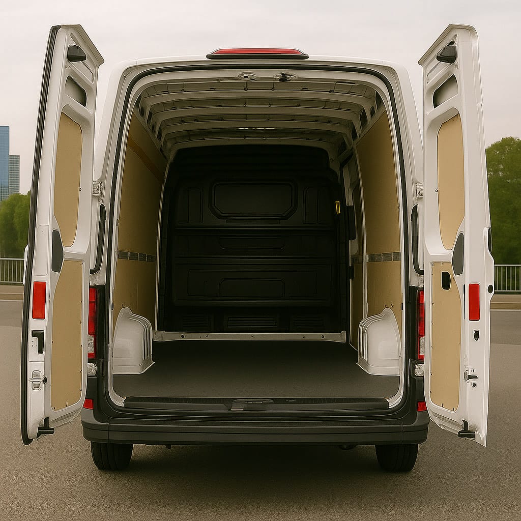 Rear view of white Volkswagen Crafter van with doors open showing spacious cargo area